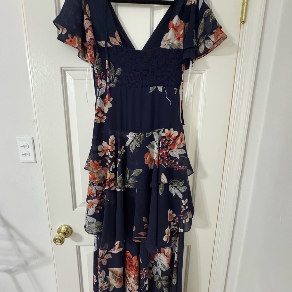 Lulus Midnight Mood Navy Blue Floral Print Tiered Maxi Dress - Size XS - Picture 3 of 4